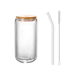 Borosilicate Glass Cup Double Wall 500ml Bamboo Lid with Glass Straw and Straw Brush